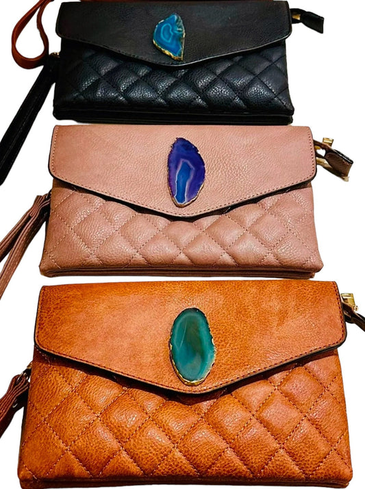 Agate stone adorned italian leather clutch wristlets - handmade and one of a kind
