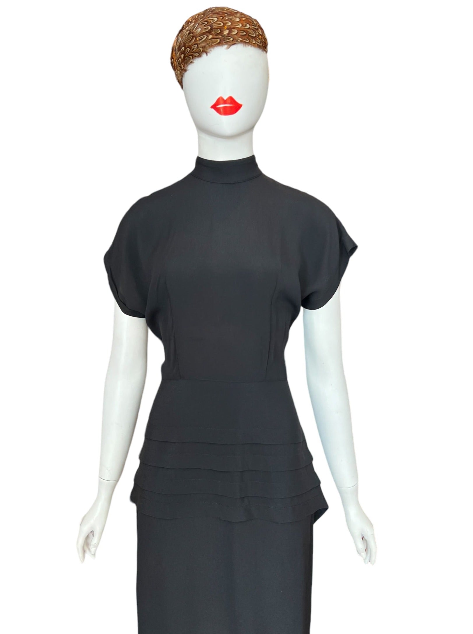 vintage LBD: short sleeved, high neck, peplum tiered waist cocktail dress