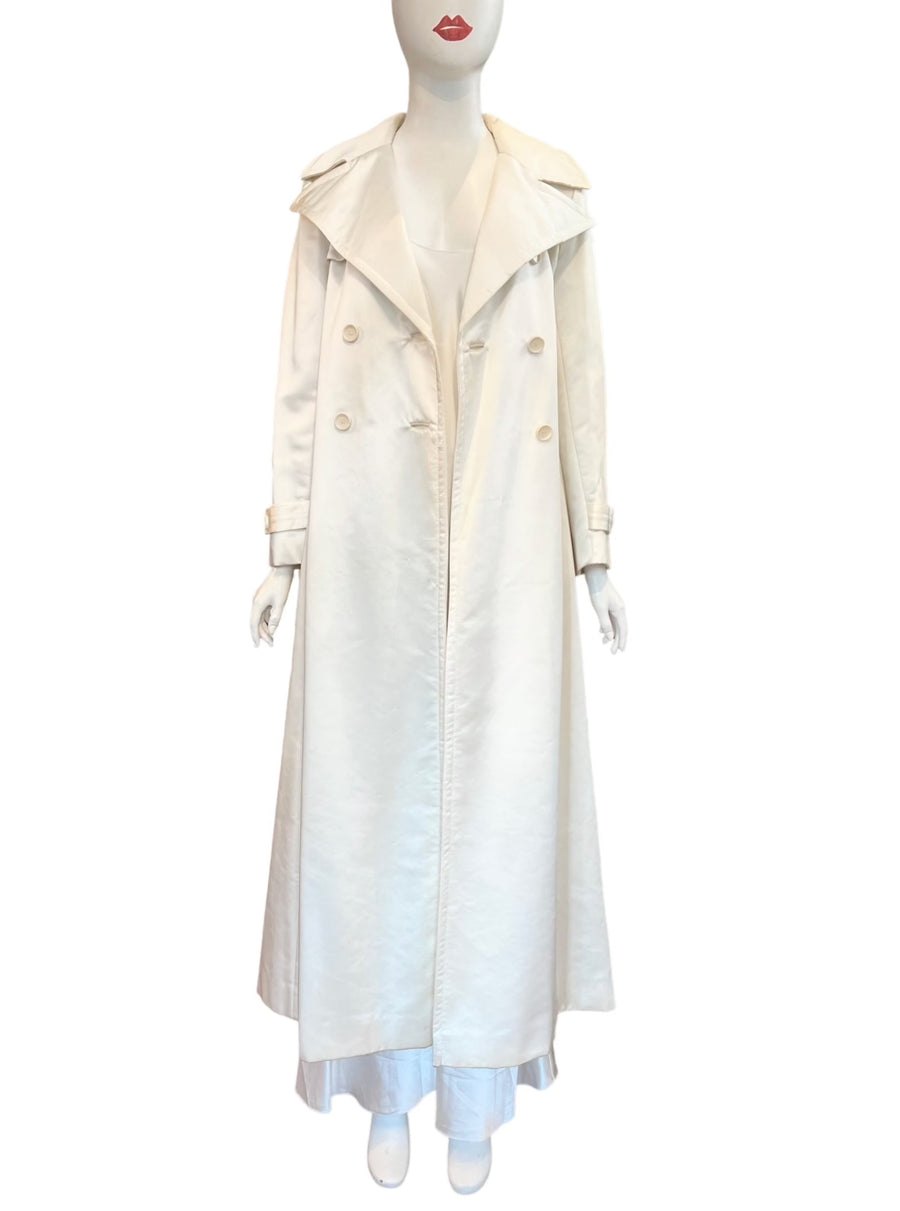 Bill Blass Bond Street Vintage Formal Evening Coat Heavy Satin Trench Peacoat Pearly White