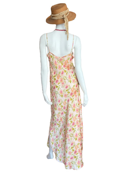 flower power hippie vibes silk slip dress vintage maxi yellow and pink