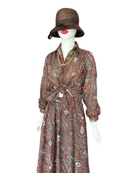 Two piece skirt and blouse set with burgundy and brown paisley pattern - evan picone
