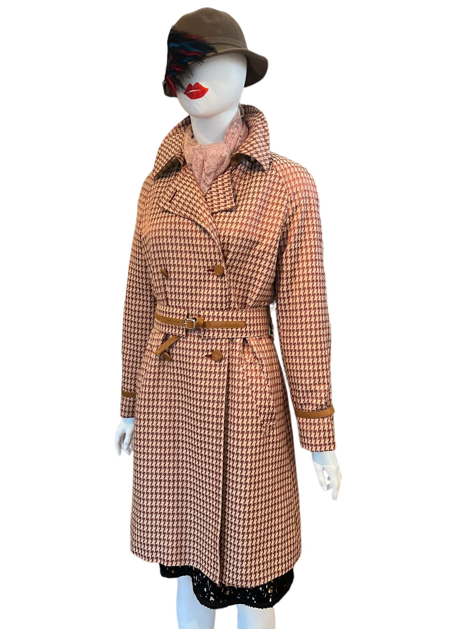 GIANFRANCO FERRÉ VINTAGE PECOAT - vintage houndstooth, leather accents, burnt orange red, golden yellow, tie around belt, double breasted