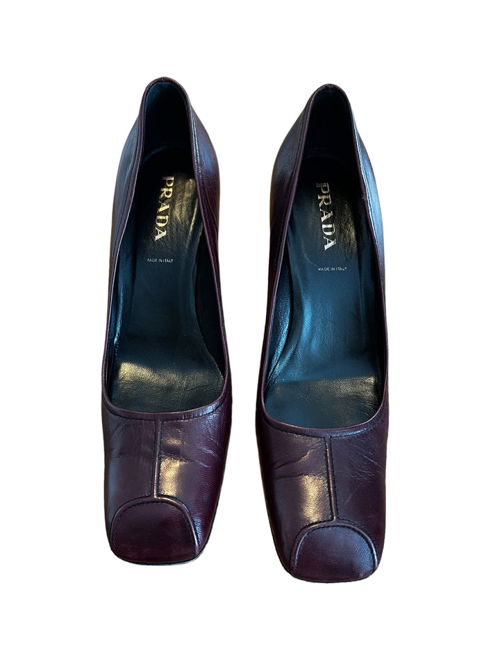 Prada Sleek Burgundy Squared off Toe Pumps