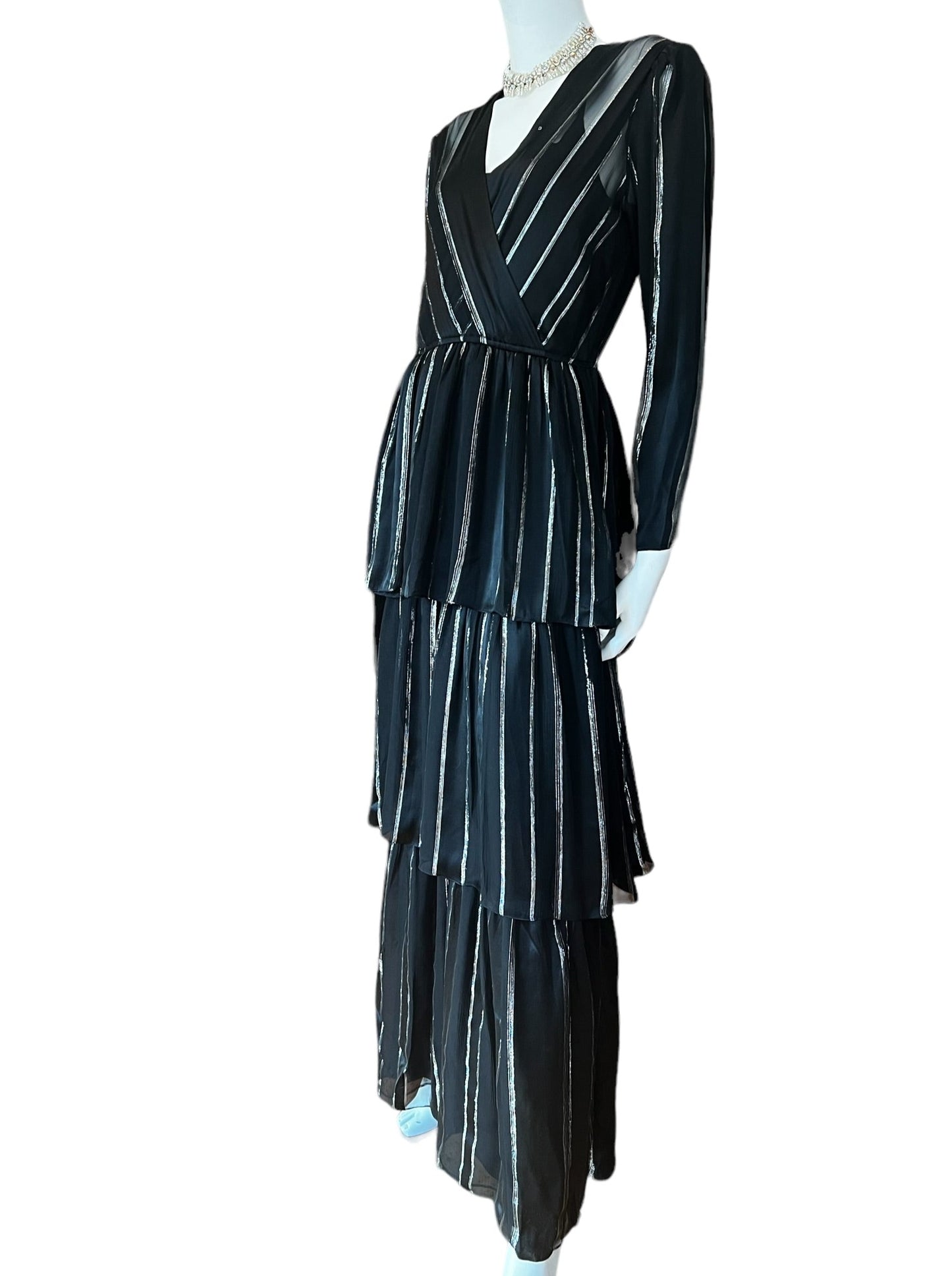 100% silk gown with a v-neck wrap dress effect, black and silver stripes, and tulle and silk tiers - formal vintage gown