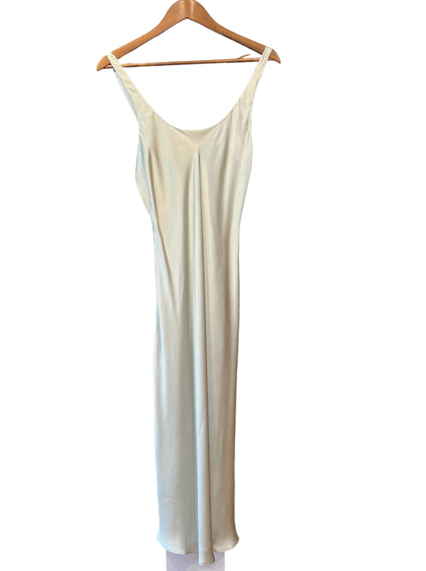 sage silk slip dress mint green thick tank straps midi length 100% silk vintage find