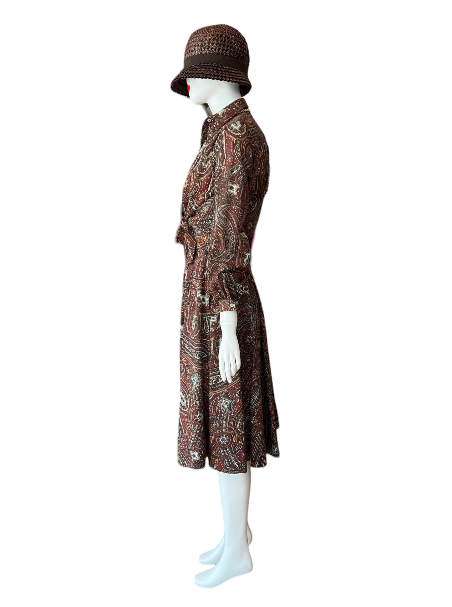 Two piece skirt and blouse set with burgundy and brown paisley pattern - evan picone