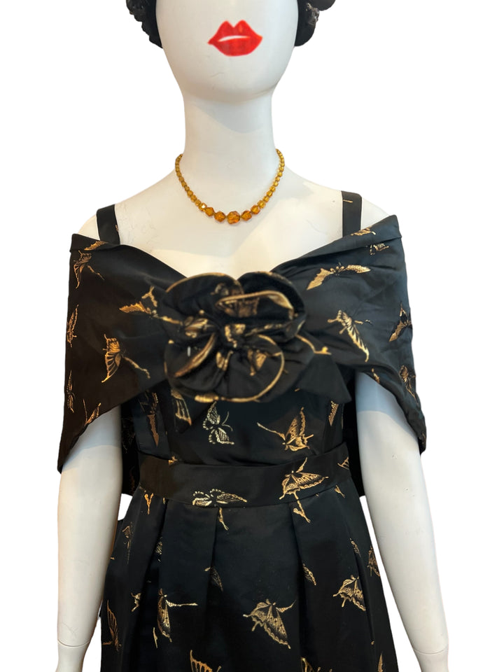 One of a kind 1950's gown with gold butterflies, thick silk material, button closure with a bow accent and shawl with oversized flower - insane vintage piece