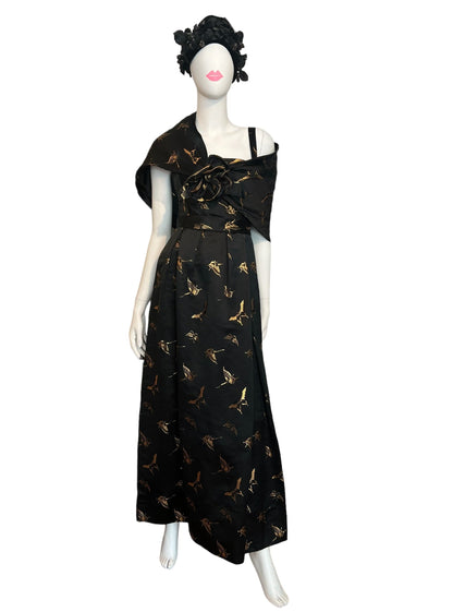 One of a kind 1950's gown with gold butterflies, thick silk material, button closure with a bow accent and shawl with oversized flower - insane vintage piece