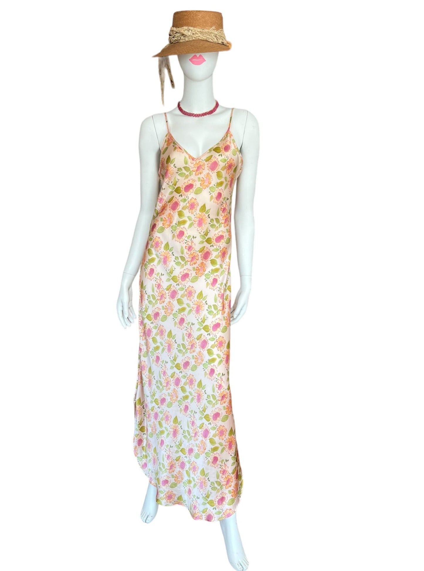 flower power hippie vibes silk slip dress vintage maxi yellow and pink