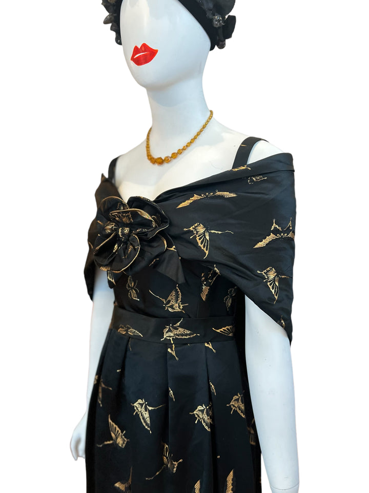 One of a kind 1950's gown with gold butterflies, thick silk material, button closure with a bow accent and shawl with oversized flower - insane vintage piece