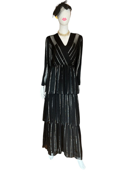 100% silk gown with a v-neck wrap dress effect, black and silver stripes, and tulle and silk tiers - formal vintage gown