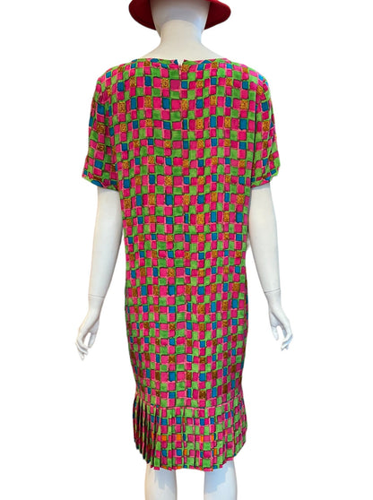 bill blass colorful geometric silk and beads patterned vintage shift dress with pleats and short sleeves