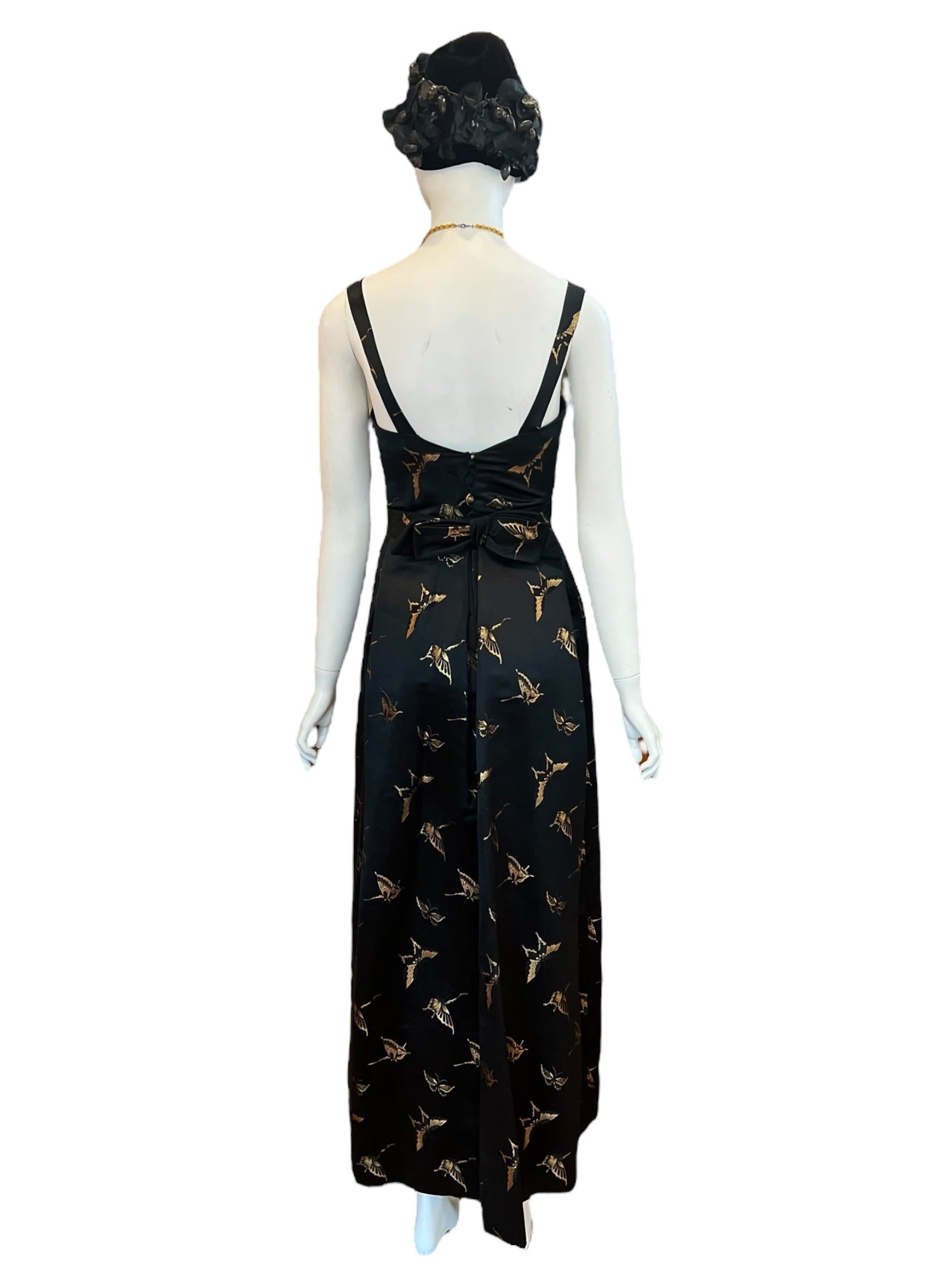 One of a kind 1950's gown with gold butterflies, thick silk material, button closure with a bow accent and shawl with oversized flower - insane vintage piece