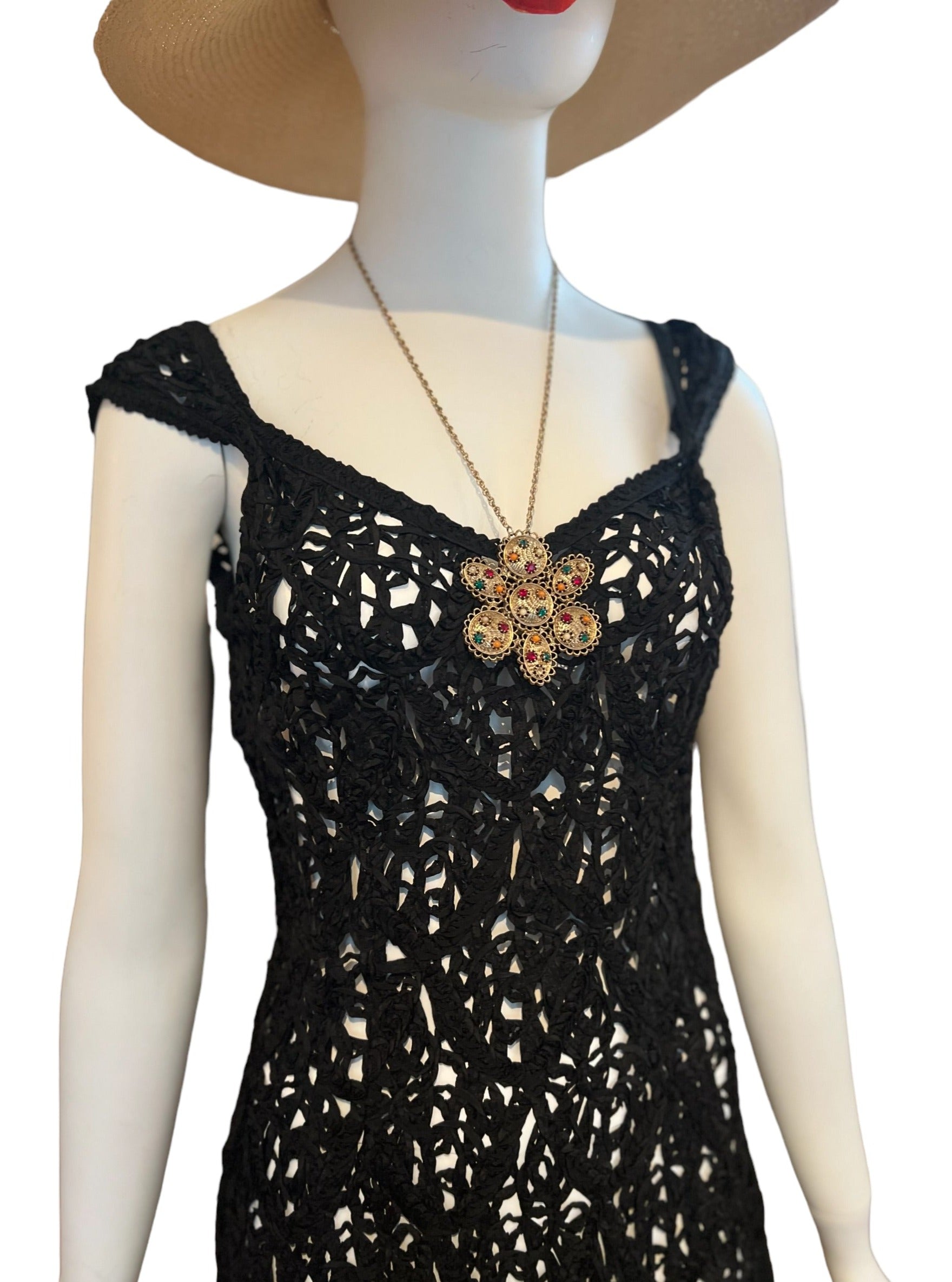 hand-crocheted one-of-a-kind lbd dress that is woven and sophisticated