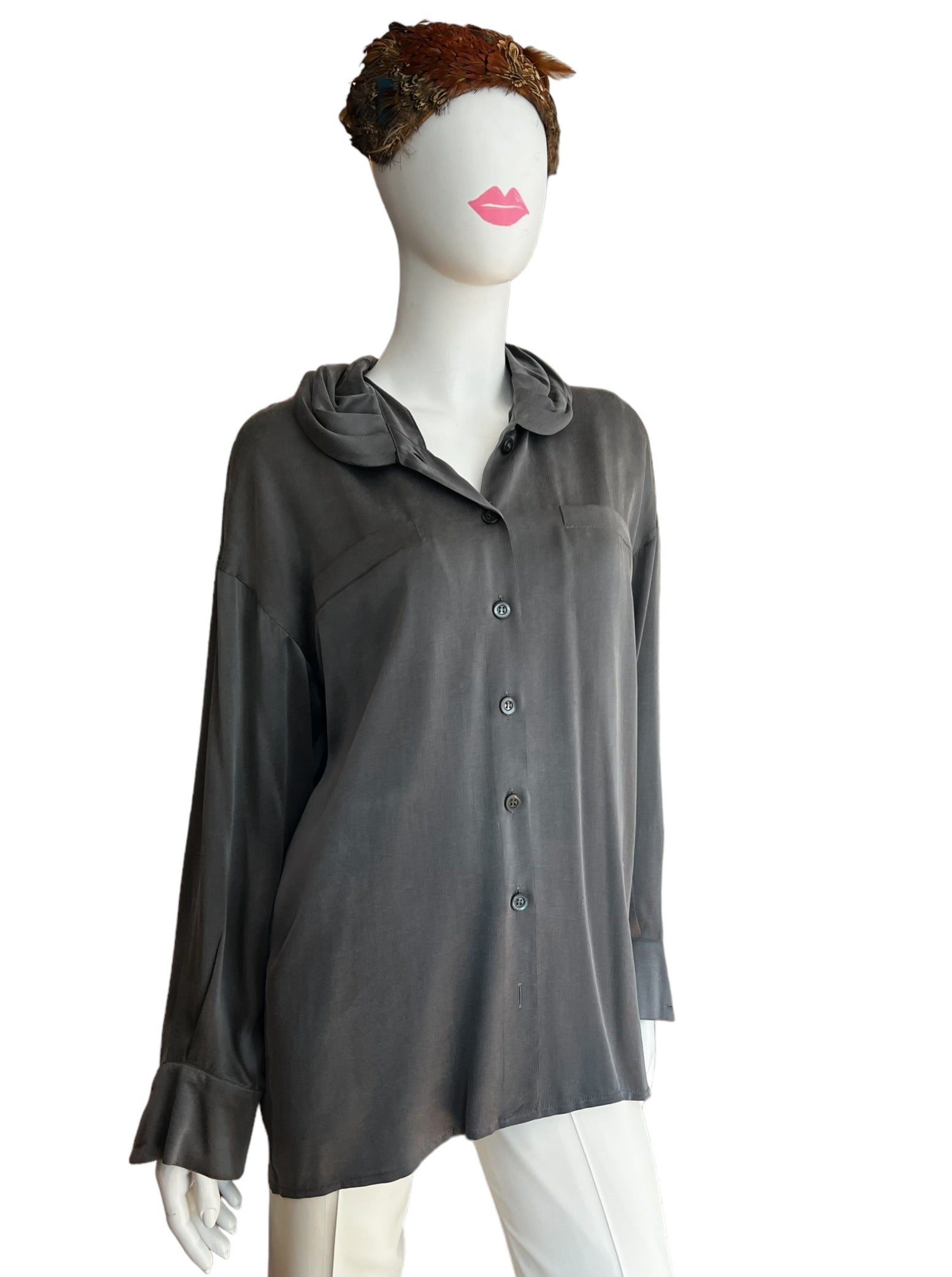 silk blouse grey vintage escada button down ruched collar