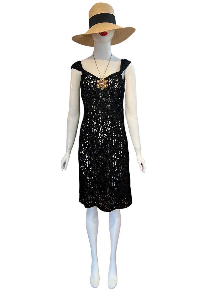 hand-crocheted one-of-a-kind lbd dress that is woven and sophisticated