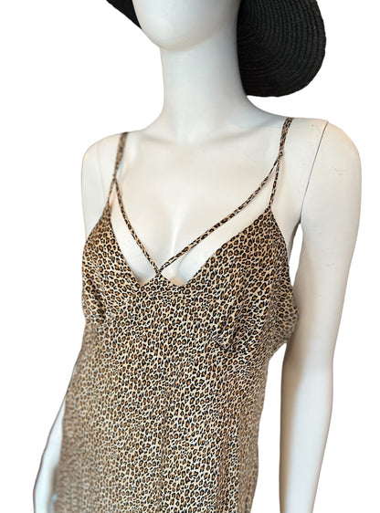leopard print strappy slip dress, 100% silk vintage find midi length