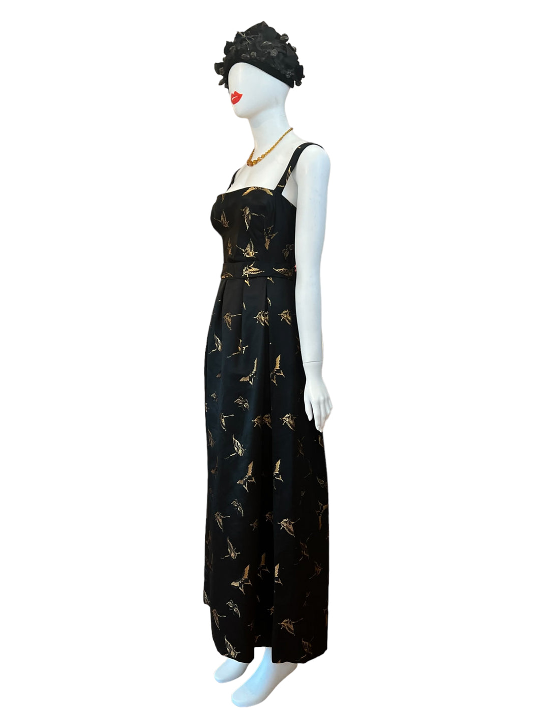 One of a kind 1950's gown with gold butterflies, thick silk material, button closure with a bow accent and shawl with oversized flower - insane vintage piece