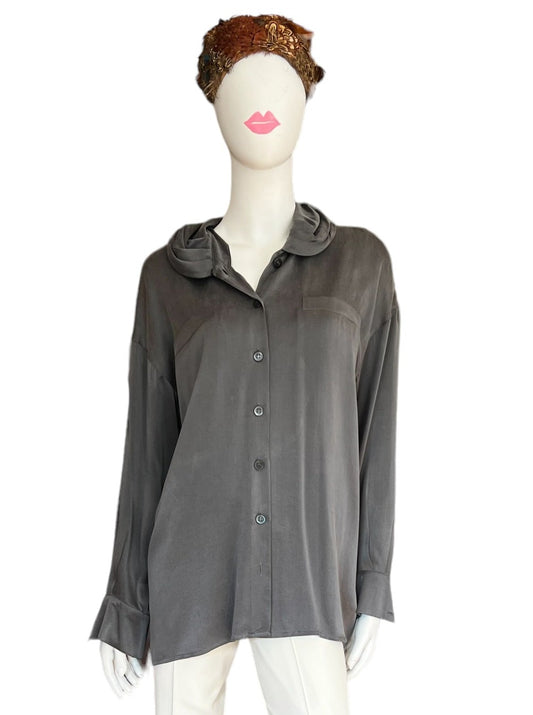 silk blouse grey vintage escada button down ruched collar