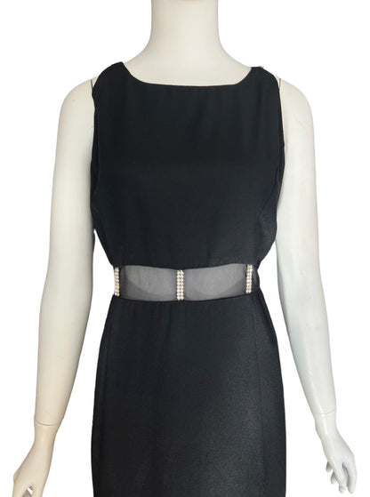 LBD sexy vintage black dress with front side slit, cutout waistline with sheer mesh details and panel accents so chic