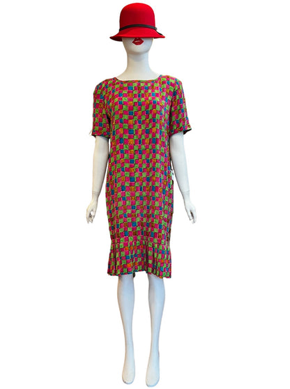bill blass colorful geometric silk and beads patterned vintage shift dress with pleats and short sleeves