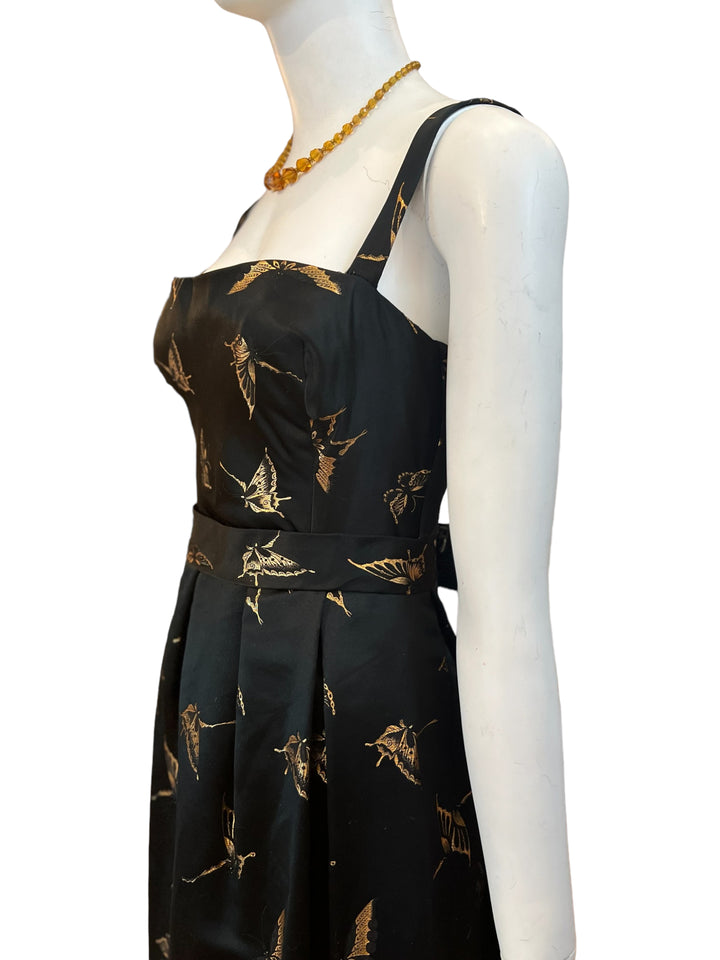 One of a kind 1950's gown with gold butterflies, thick silk material, button closure with a bow accent and shawl with oversized flower - insane vintage piece