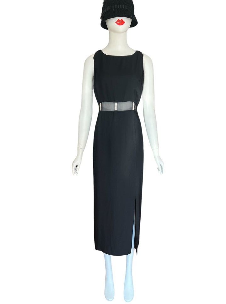 LBD sexy vintage black dress with front side slit, cutout waistline with sheer mesh details and panel accents so chic