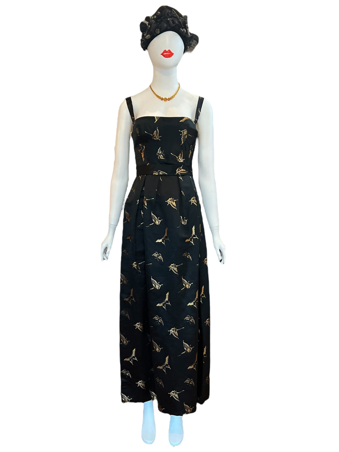 One of a kind 1950's gown with gold butterflies, thick silk material, button closure with a bow accent and shawl with oversized flower - insane vintage piece