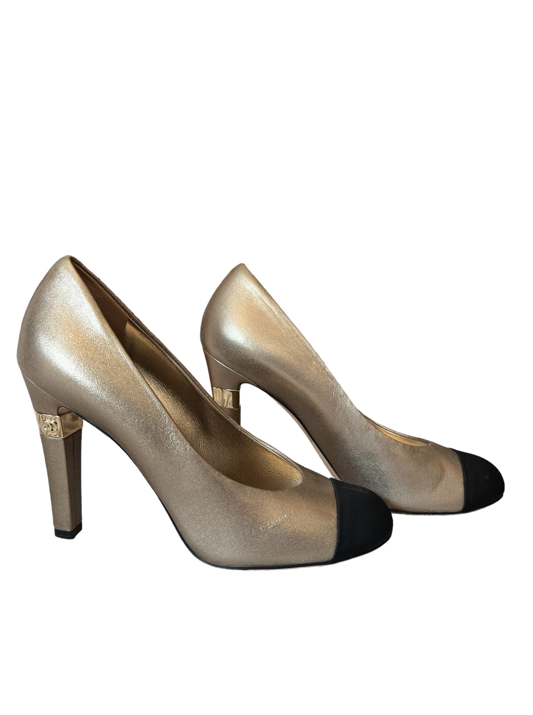 Chanel Cap toe heels with metallic gold leather and metal heel accent with cap toe shoe and  escarpins