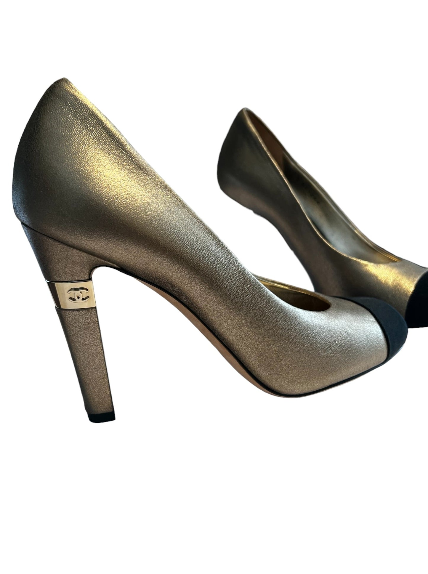 Chanel Cap toe heels with metallic gold leather and metal heel accent with cap toe shoe and  escarpins