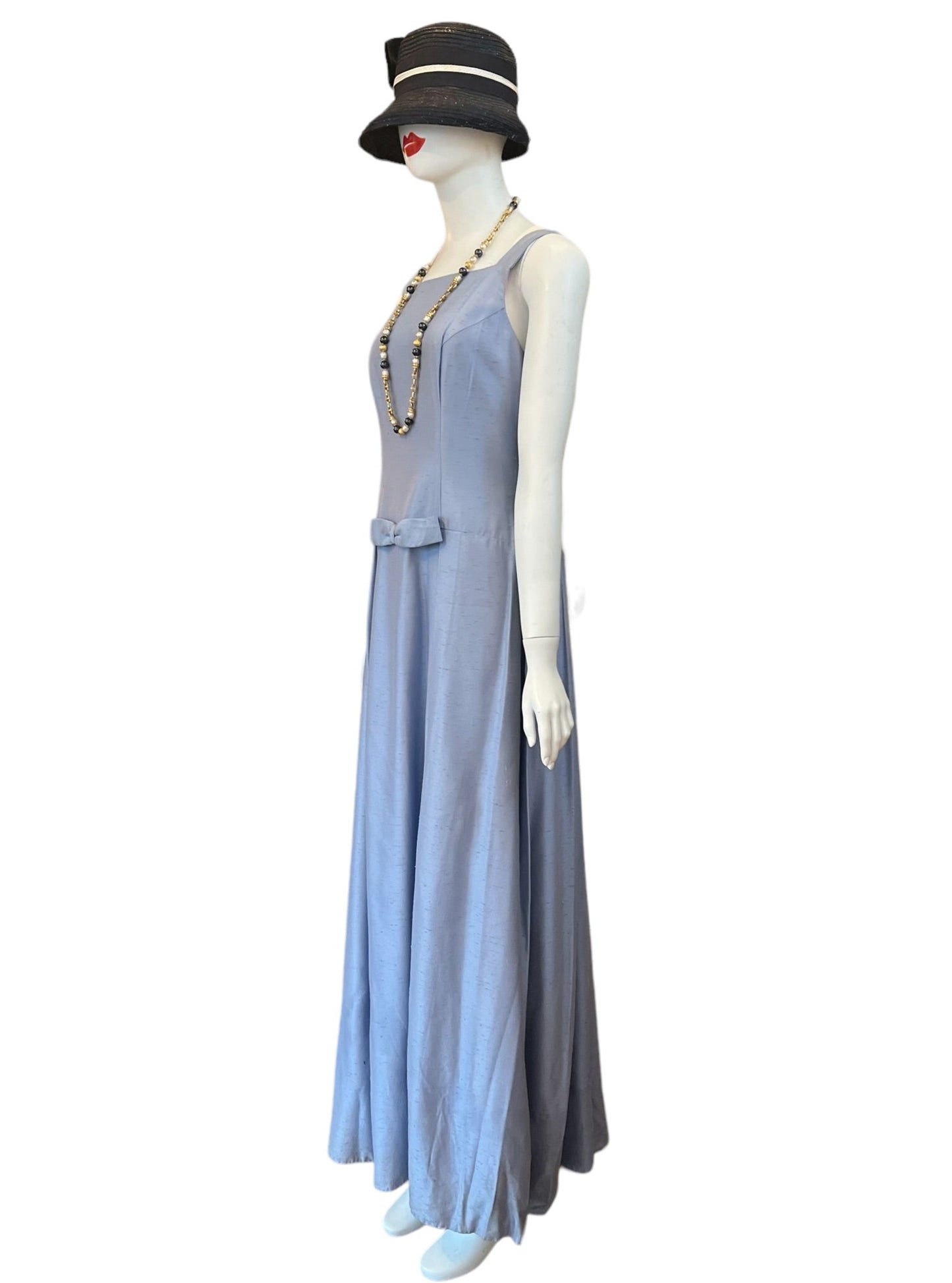 Periwinkle Long Dress with a Bow: Drop waist vintage evening dress or gown sleeveless