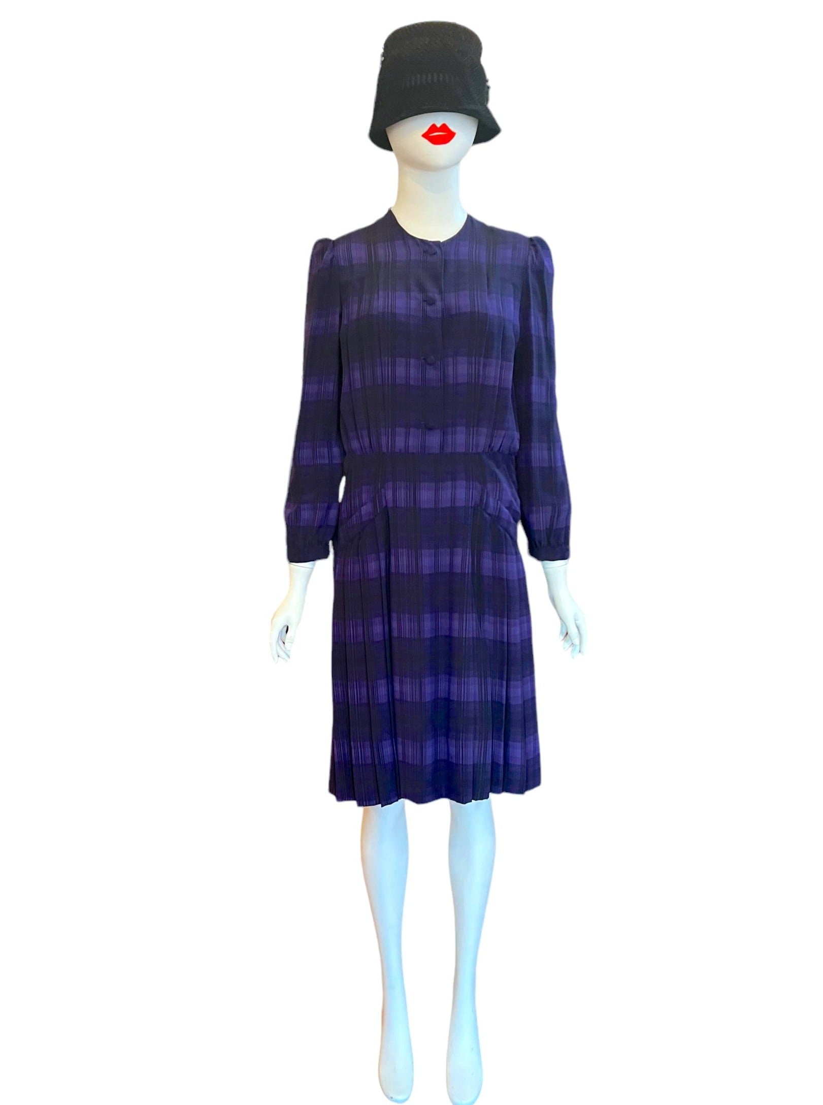 ferragamo dress, silk dress, checker plaid print, periwinkle purple shades of purple, long-sleeve knee length classic silk dress