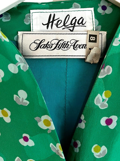 helga for saks fifth avenue green floral silky shift dress with pretty buttons