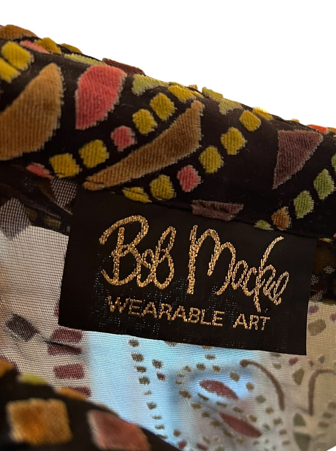 bob mackie stunning sheer blouse with velvet pastel artwork design pattern buttondown
