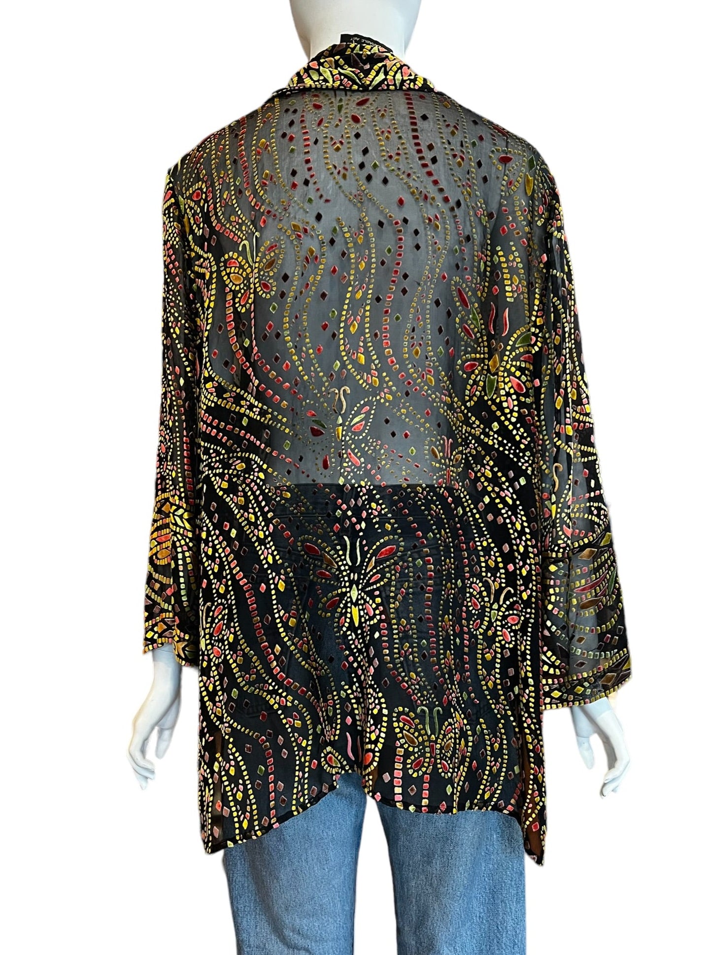 bob mackie stunning sheer blouse with velvet pastel artwork design pattern buttondown