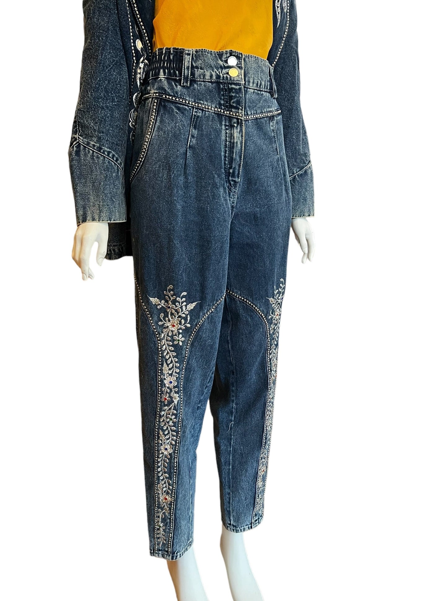 x80's embellished denim suit, denim blazer with rhinestones embroidery sequins, high waisted denim with elastic and multi-button studs, costume