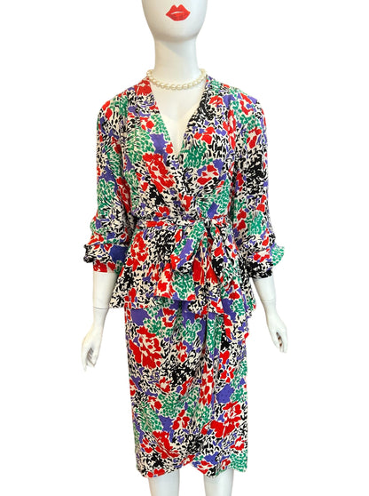 guy laroche vintage silk set, skirt and wrap around blouse with peplum shape, colorful print pattern, floral abstract