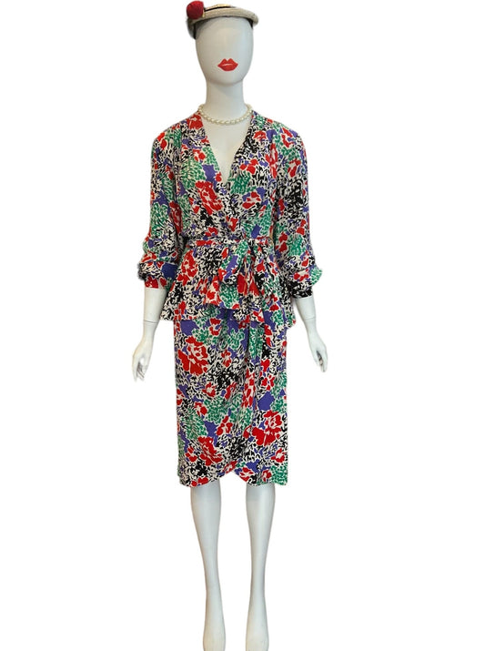 guy laroche vintage silk set, skirt and wrap around blouse with peplum shape, colorful print pattern, floral abstract