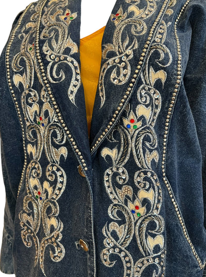 x80's embellished denim suit, denim blazer with rhinestones embroidery sequins, high waisted denim with elastic and multi-button studs, costume