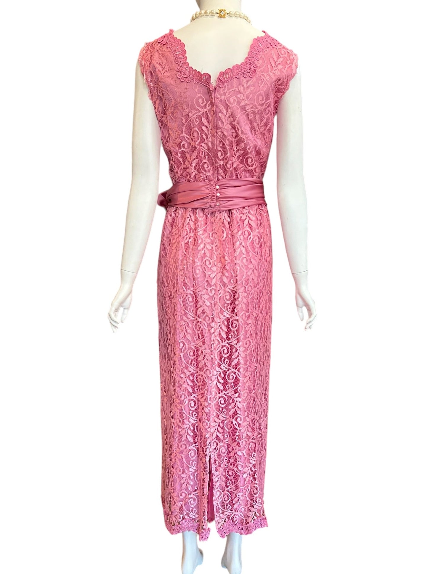 Pretty pink lace vintage party cocktail dress, faux wrap around style with silky sash belt, sleeveless wavy v-neck, long