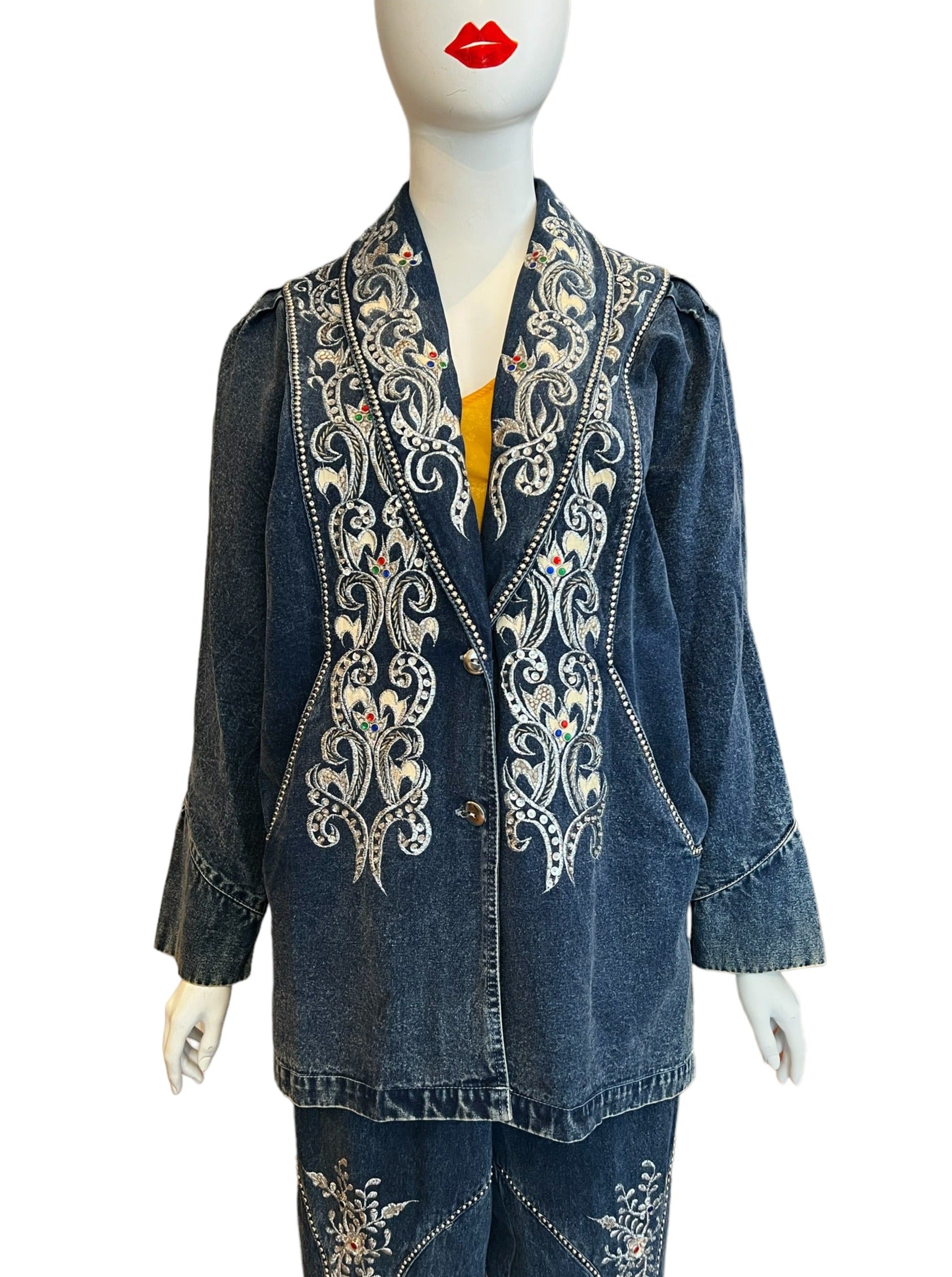 80's embellished denim suit, denim blazer with rhinestones embroidery sequins, high waisted denim with elastic and multi-button studs, costume