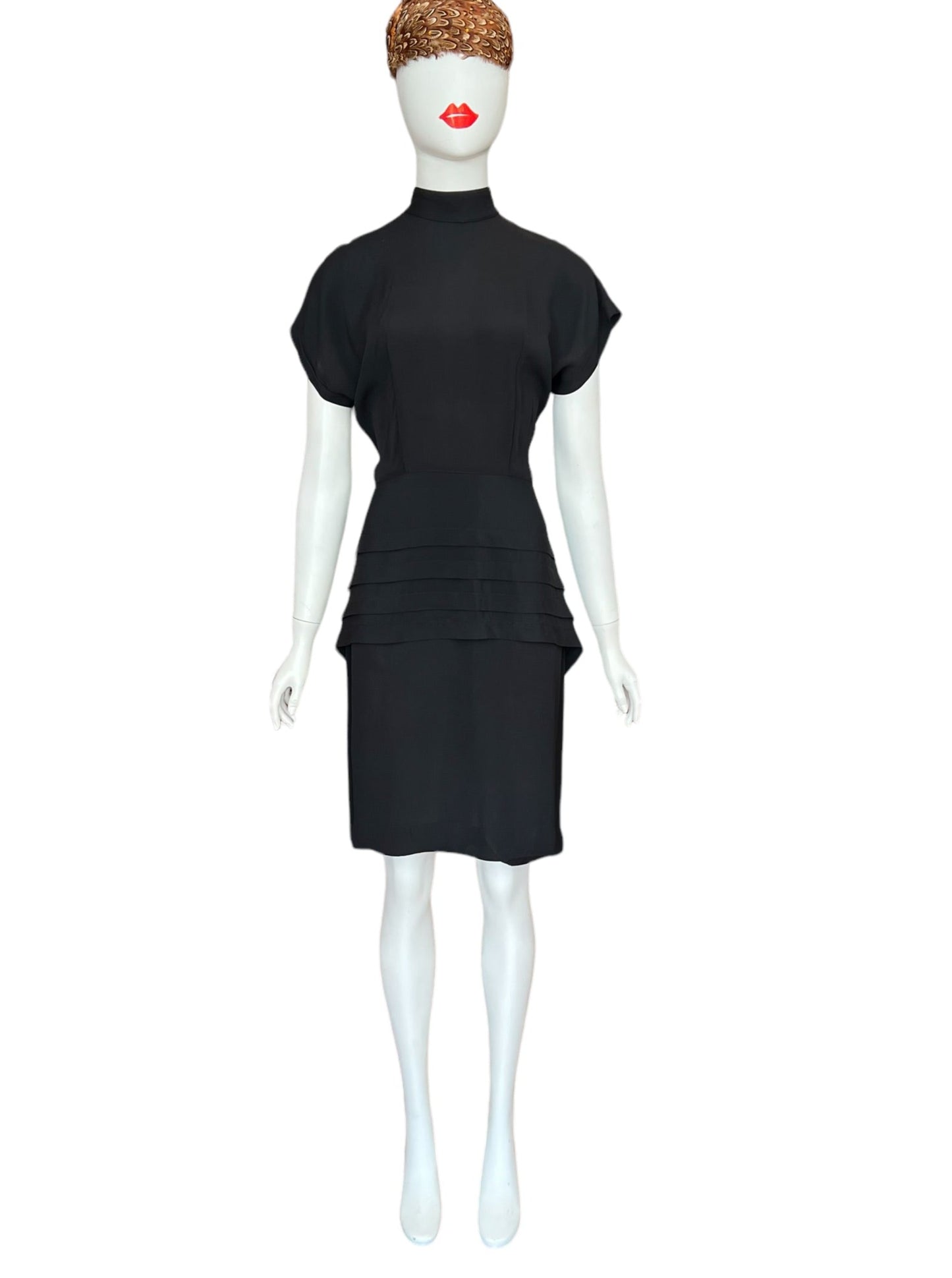 vintage LBD: short sleeved, high neck, peplum tiered waist cocktail dress