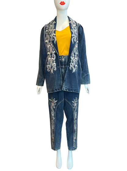 80's embellished denim suit, denim blazer with rhinestones embroidery sequins, high waisted denim with elastic and multi-button studs, costume