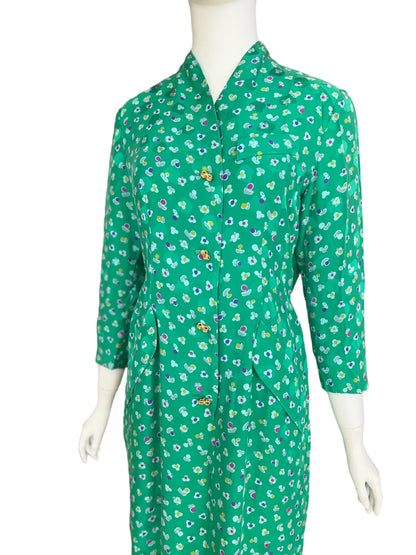 Helga for Saks Fifth Avenue Vintage Floral Green Dress with Gold statement buttons 3/4 sleeve and tuliip shape