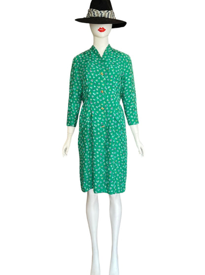 Helga for Saks Fifth Avenue Vintage Floral Green Dress with Gold statement buttons 3/4 sleeve and tuliip shape