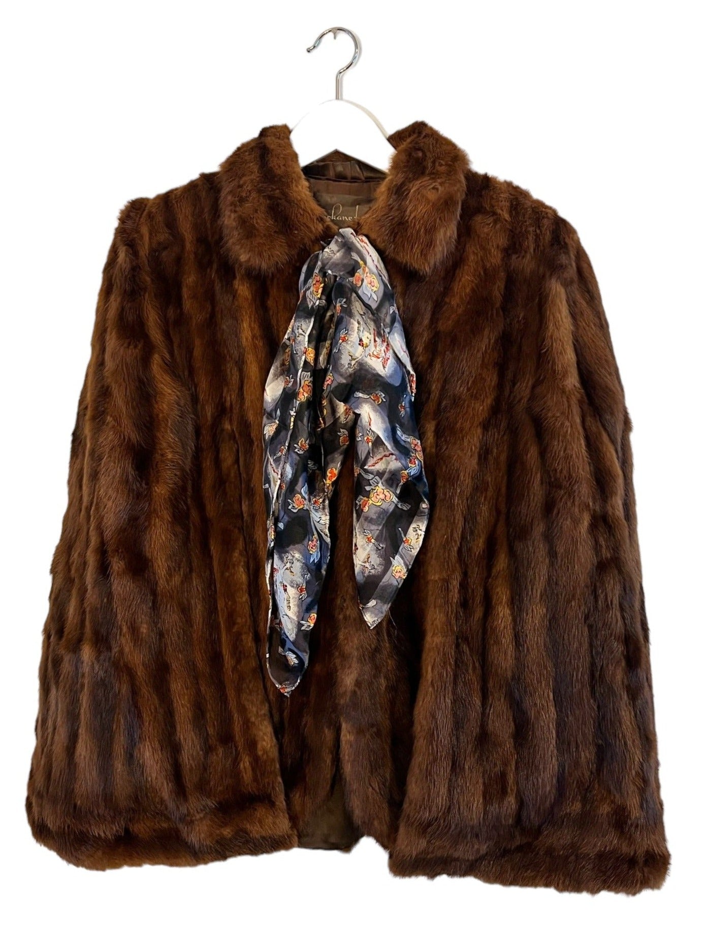 real fur mink vintage cape coat with silk scarf